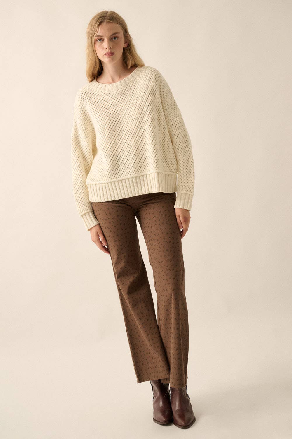 Solid Round-Neck Crochet-Knit Sweater