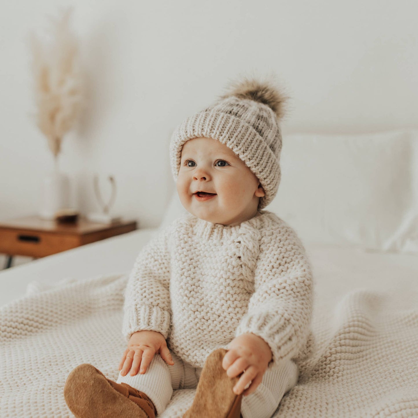 Pebble Brown Buffalo Check Pom Pom Beanie Hat Baby & Kids