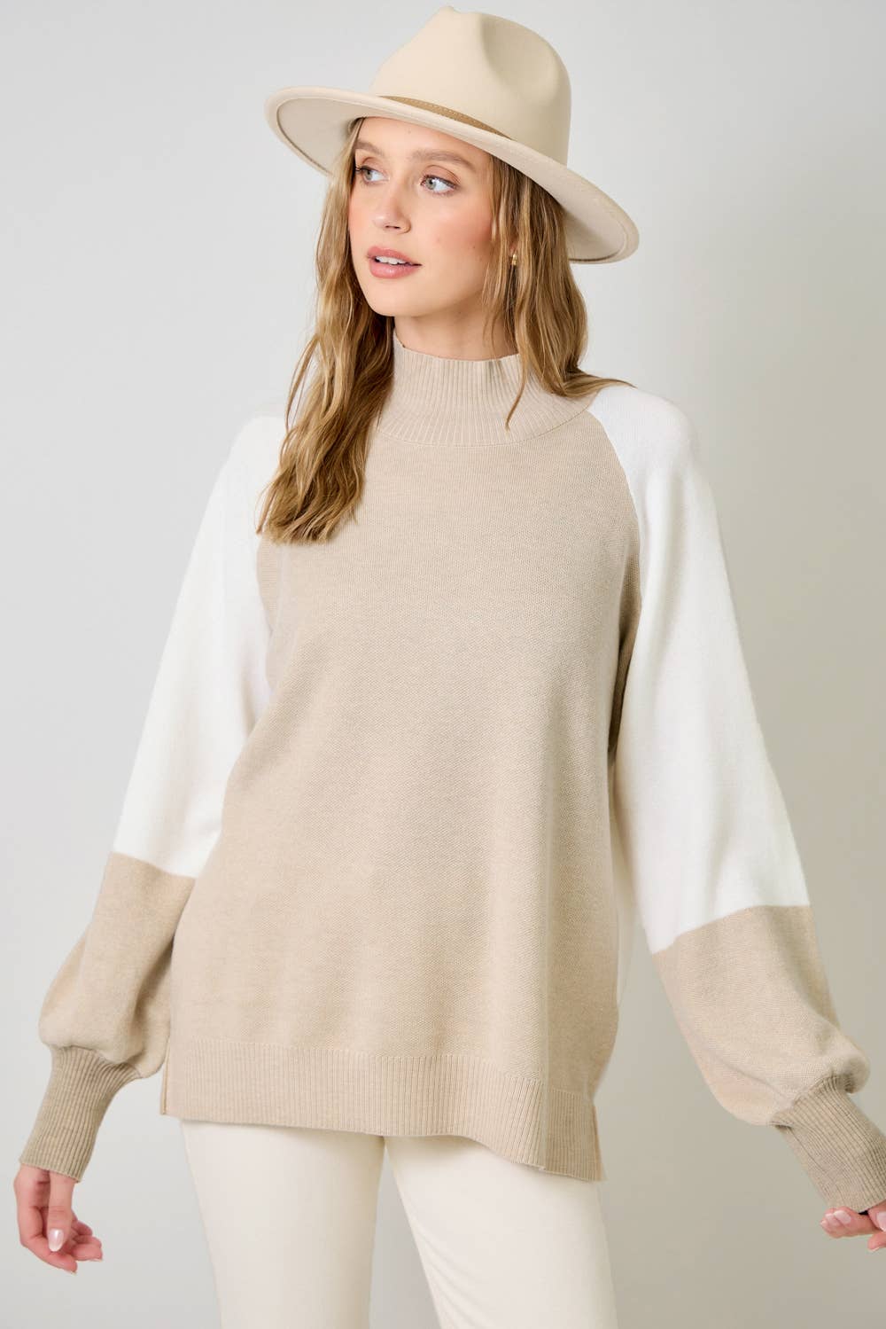 Soft Mock Neck Color Block Sweater