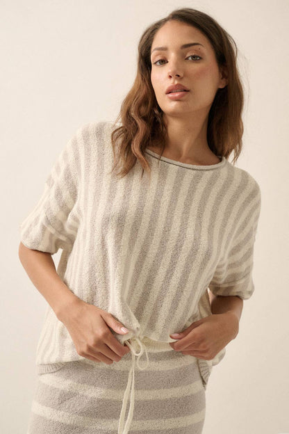 Striped Knit Rolled-Edge Short-Sleeve Sweater