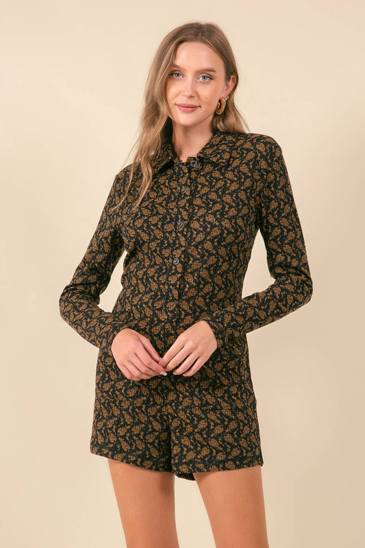 Floral Print Rib Long Sleeve Henley Romper - 27551R-1