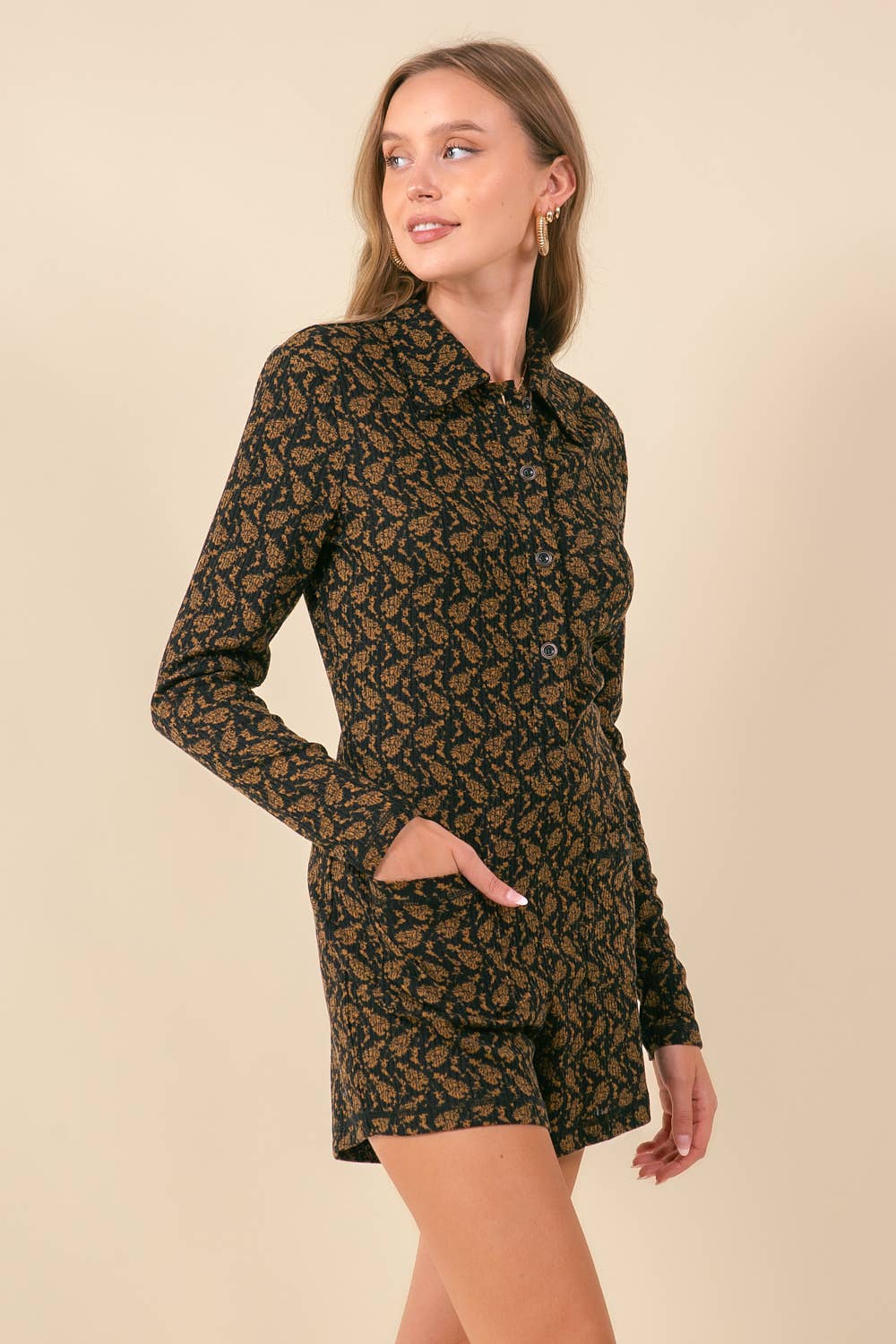 Floral Print Rib Long Sleeve Henley Romper - 27551R-1