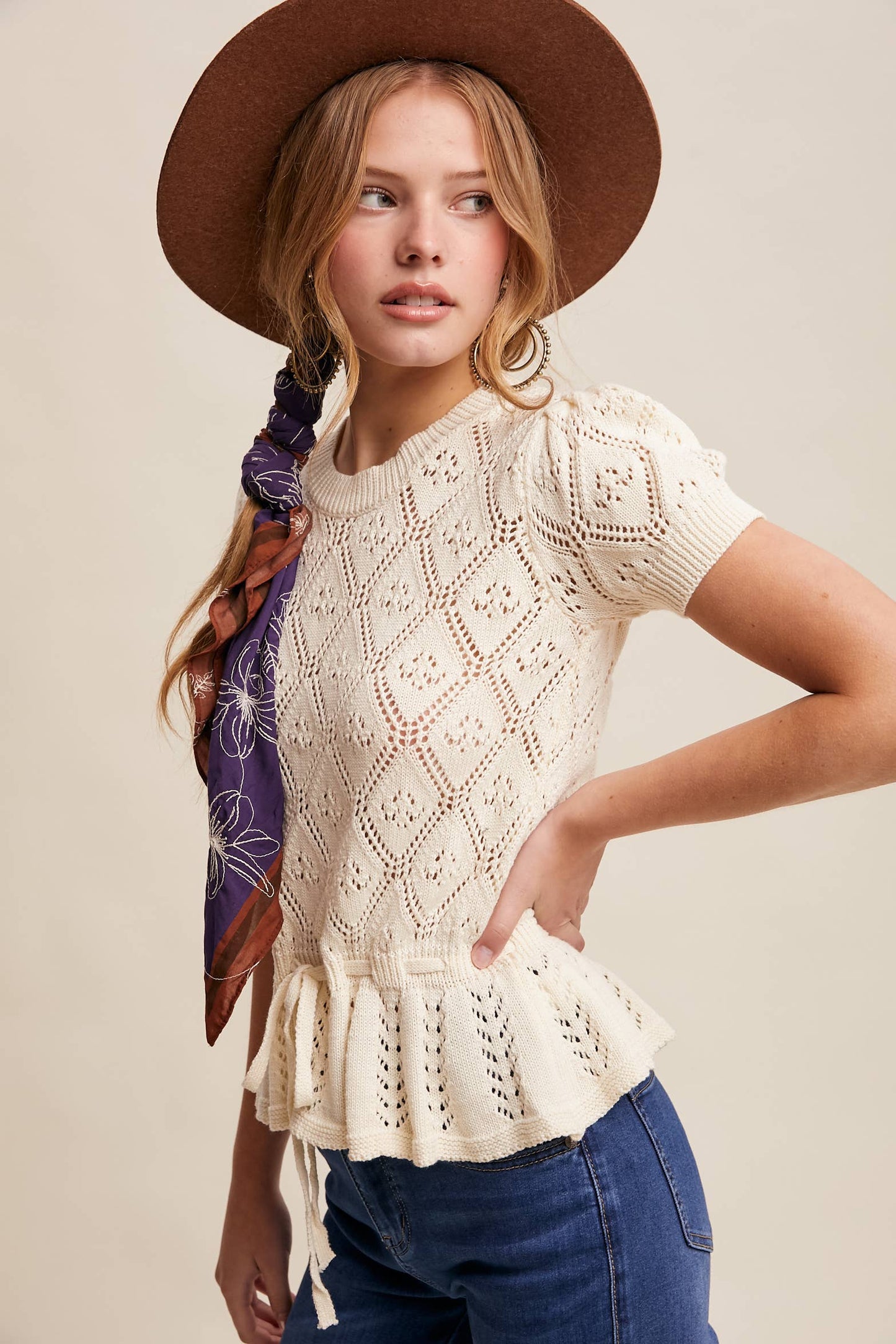 Pointelle Knit Peplum Sweet Belted Top