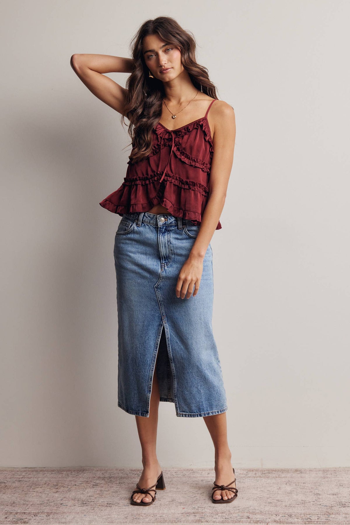 Ruffle Holiday Trim Tie Front Cami Top