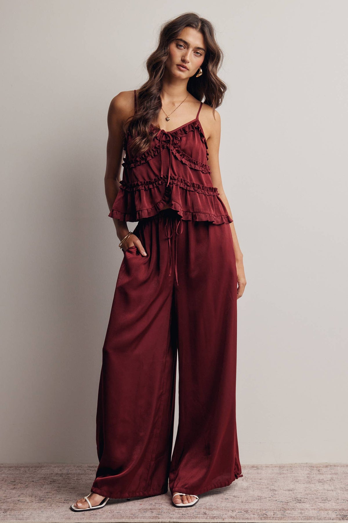 Ruffle Holiday Trim Tie Front Cami Top