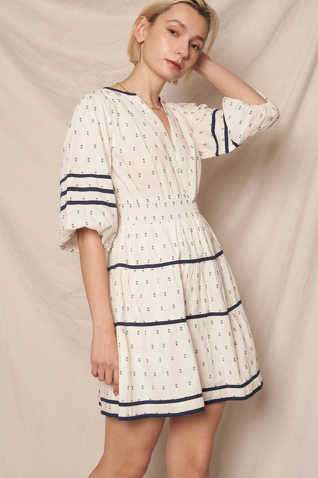 3/4 Sleeve V-Neck Tiered Mini Embroidered Dress