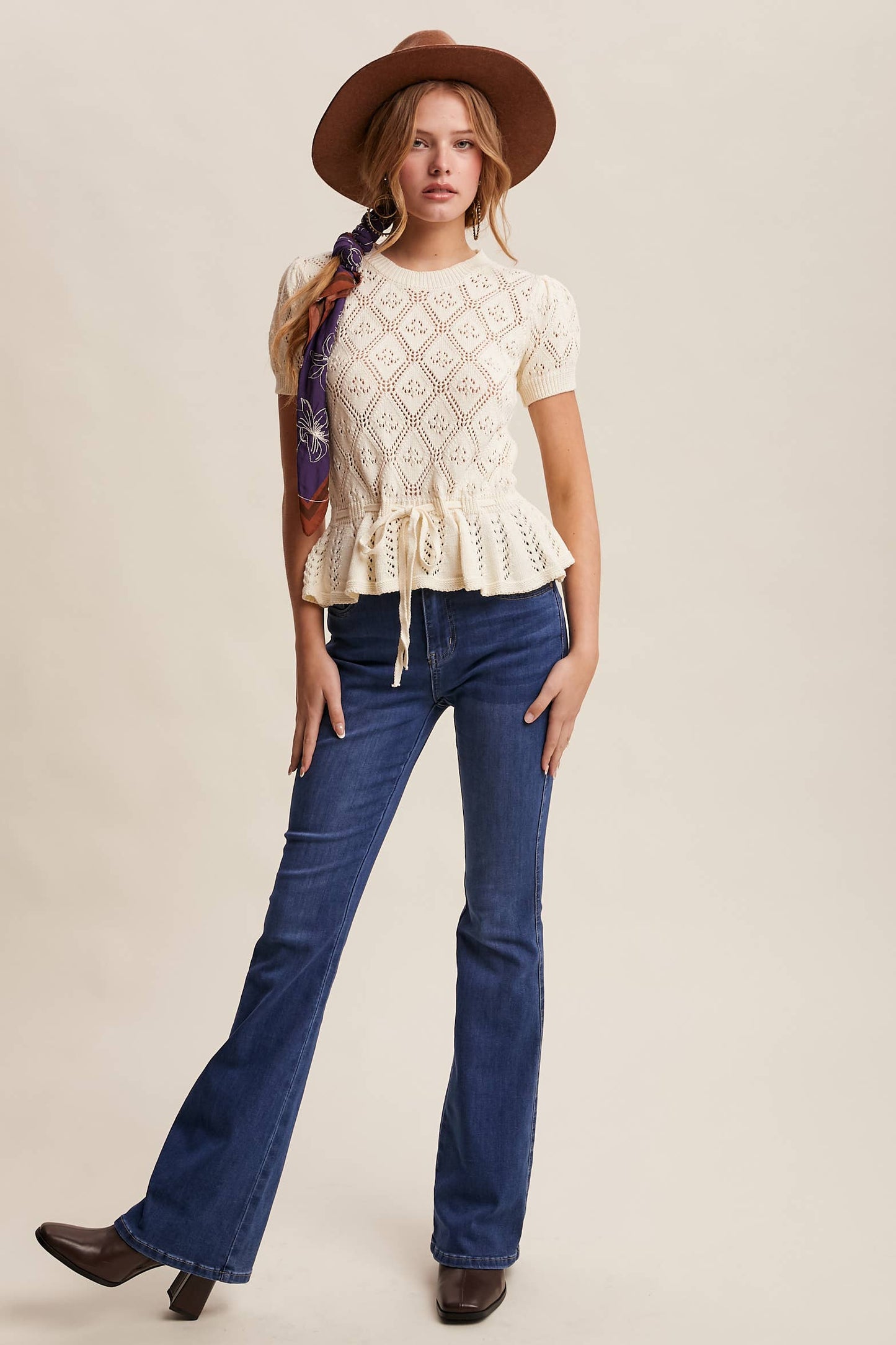 Pointelle Knit Peplum Sweet Belted Top