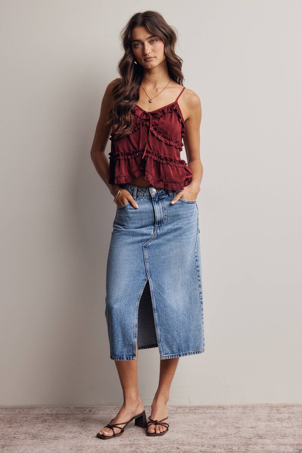 Ruffle Holiday Trim Tie Front Cami Top