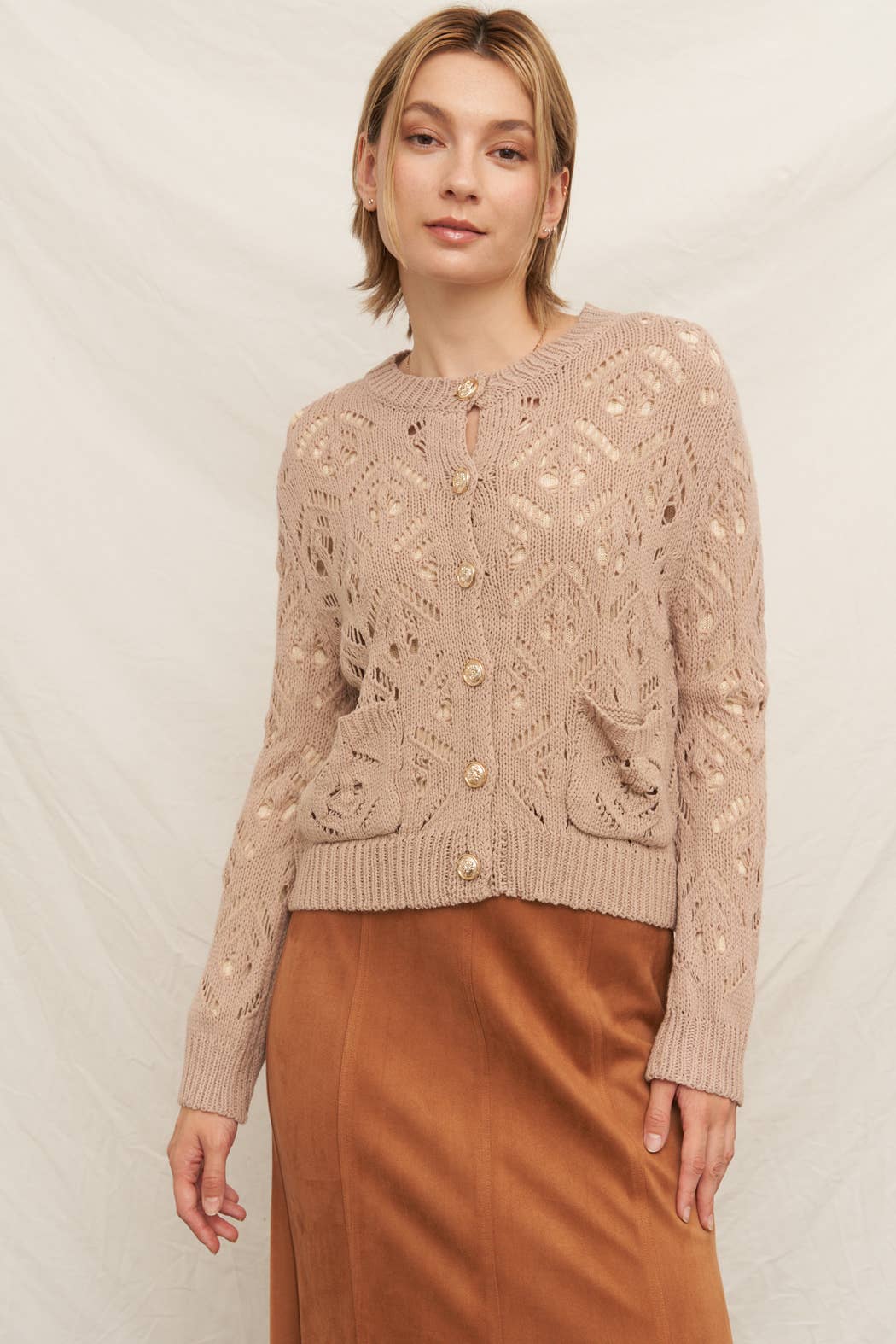 En Creme Eyelet Long Sleeve Sweater Cardigan - Bestseller