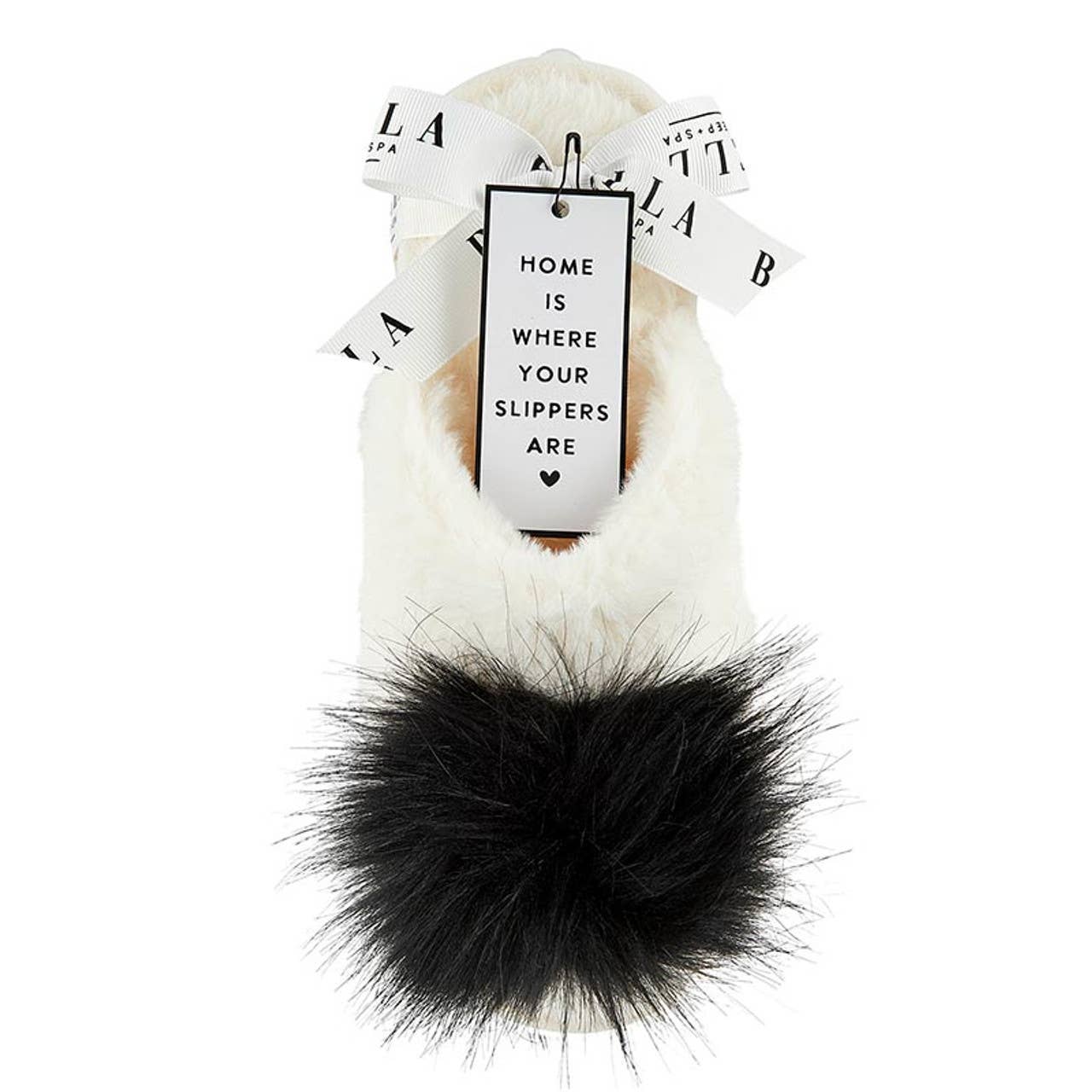 Plush Slippers - Ivory with Black Pom Pom