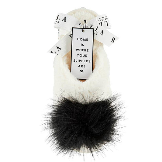 Plush Slippers - Ivory with Black Pom Pom