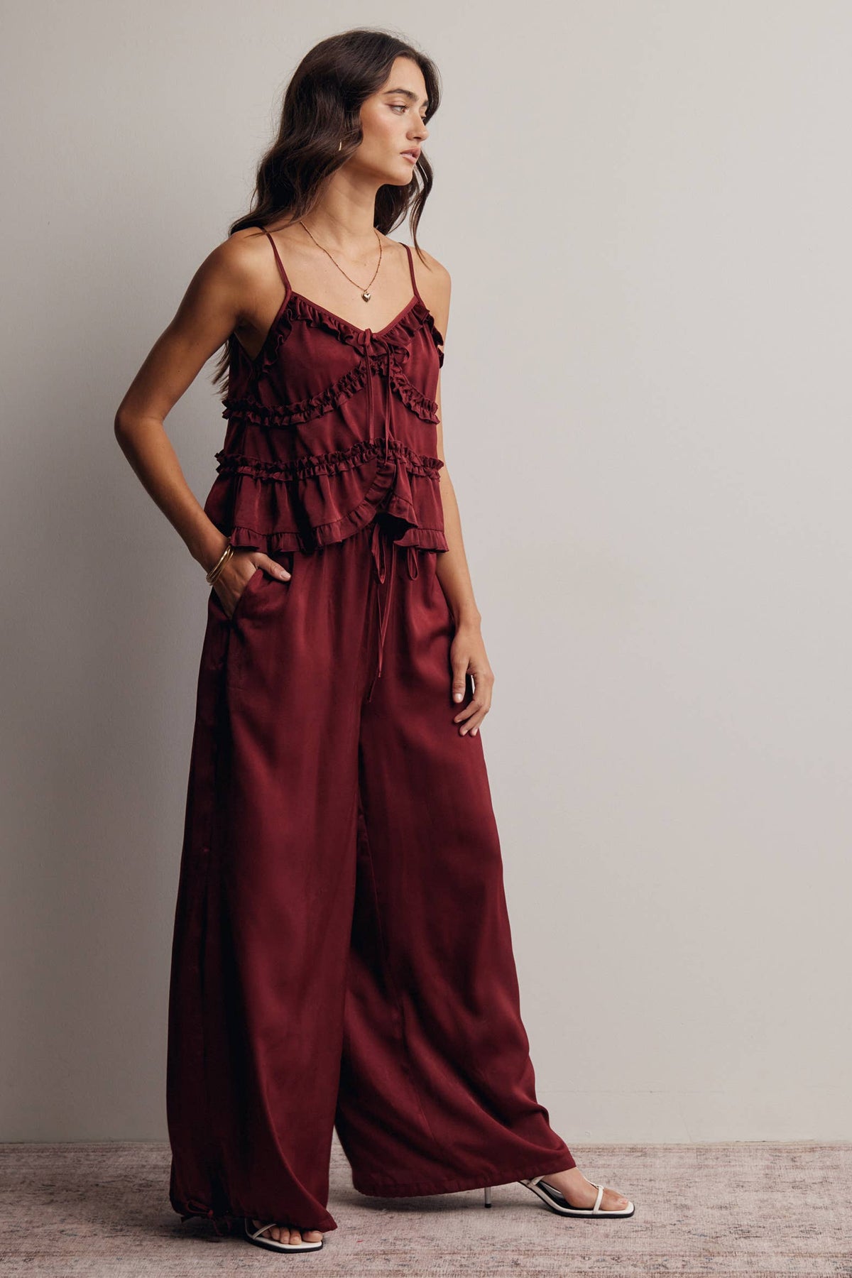Ruffle Holiday Trim Tie Front Cami Top