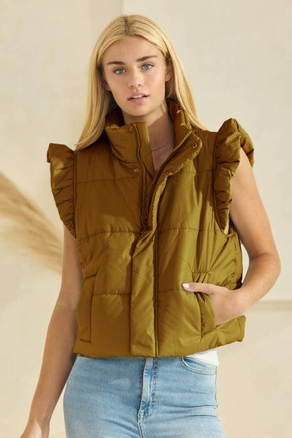 Puffer Vest with Shoulder Ruffle