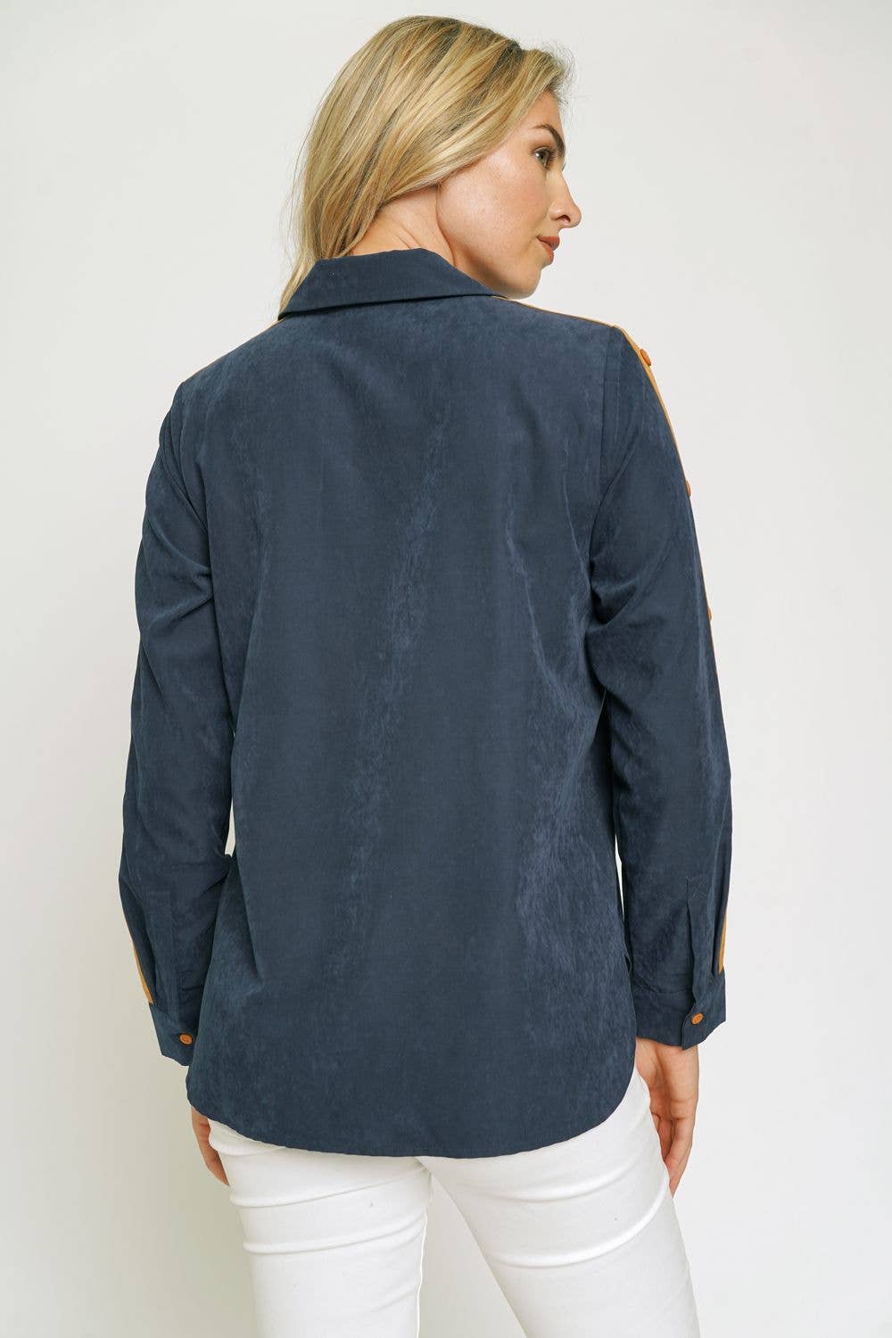 THE ONE! Soft Faux Suede Colorblock Button Down