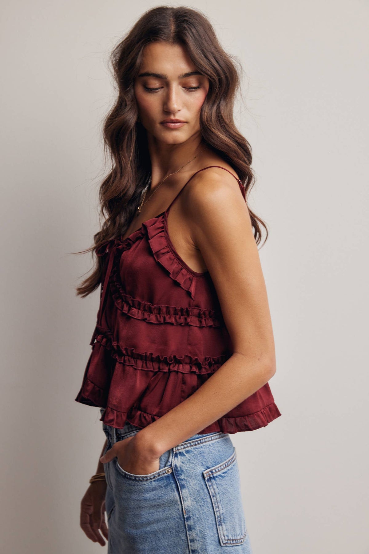 Ruffle Holiday Trim Tie Front Cami Top