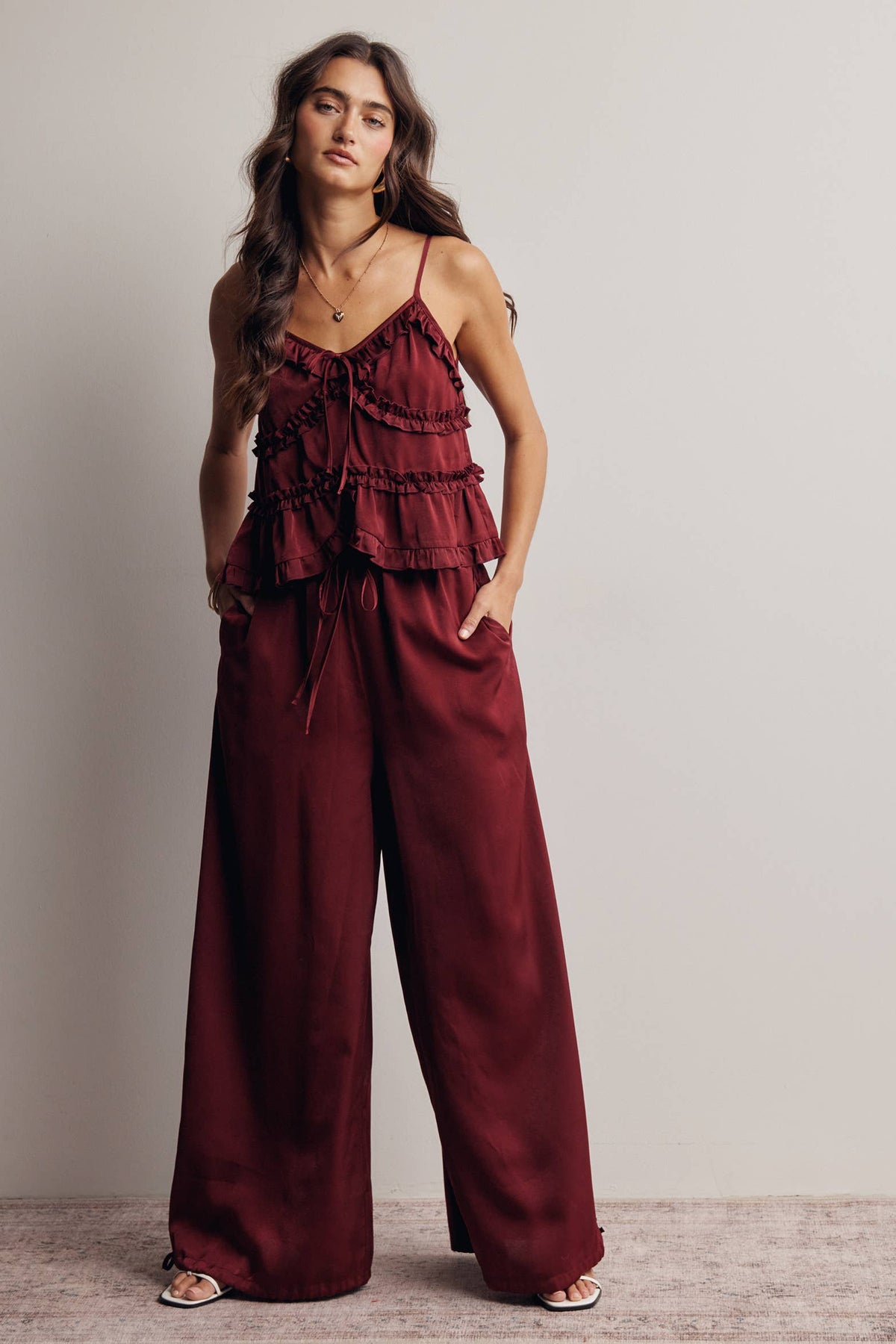Ruffle Holiday Trim Tie Front Cami Top
