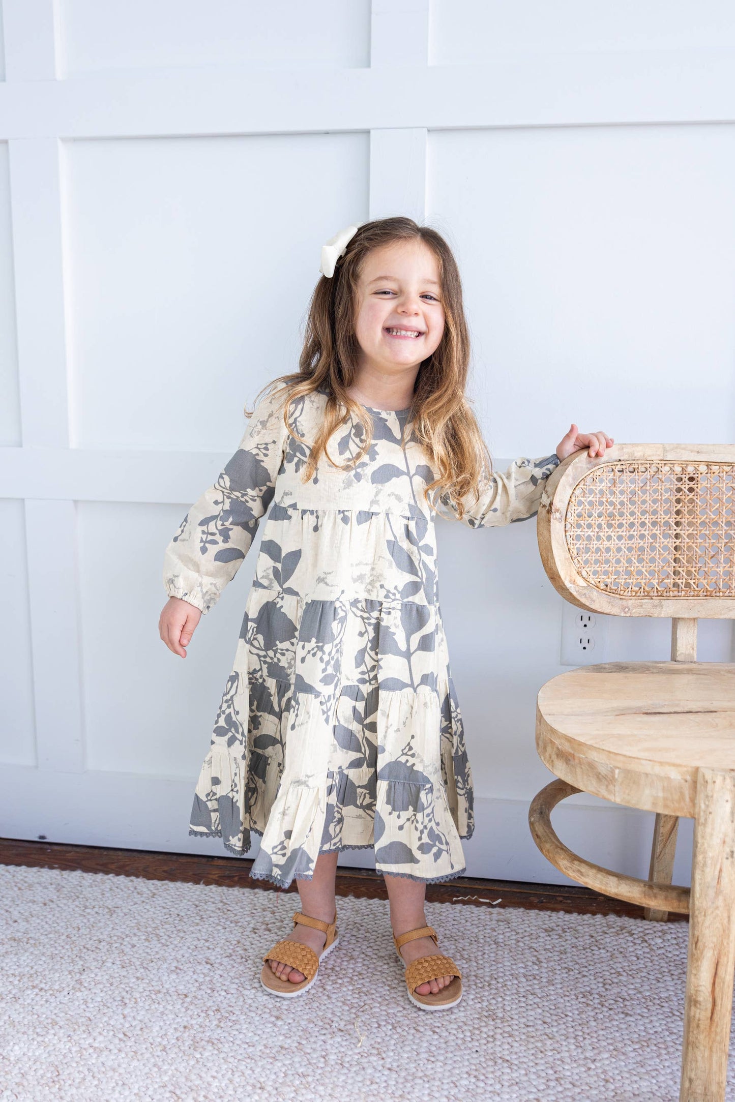 Grey Leaf Printed Tiered Long Sleeve Dress