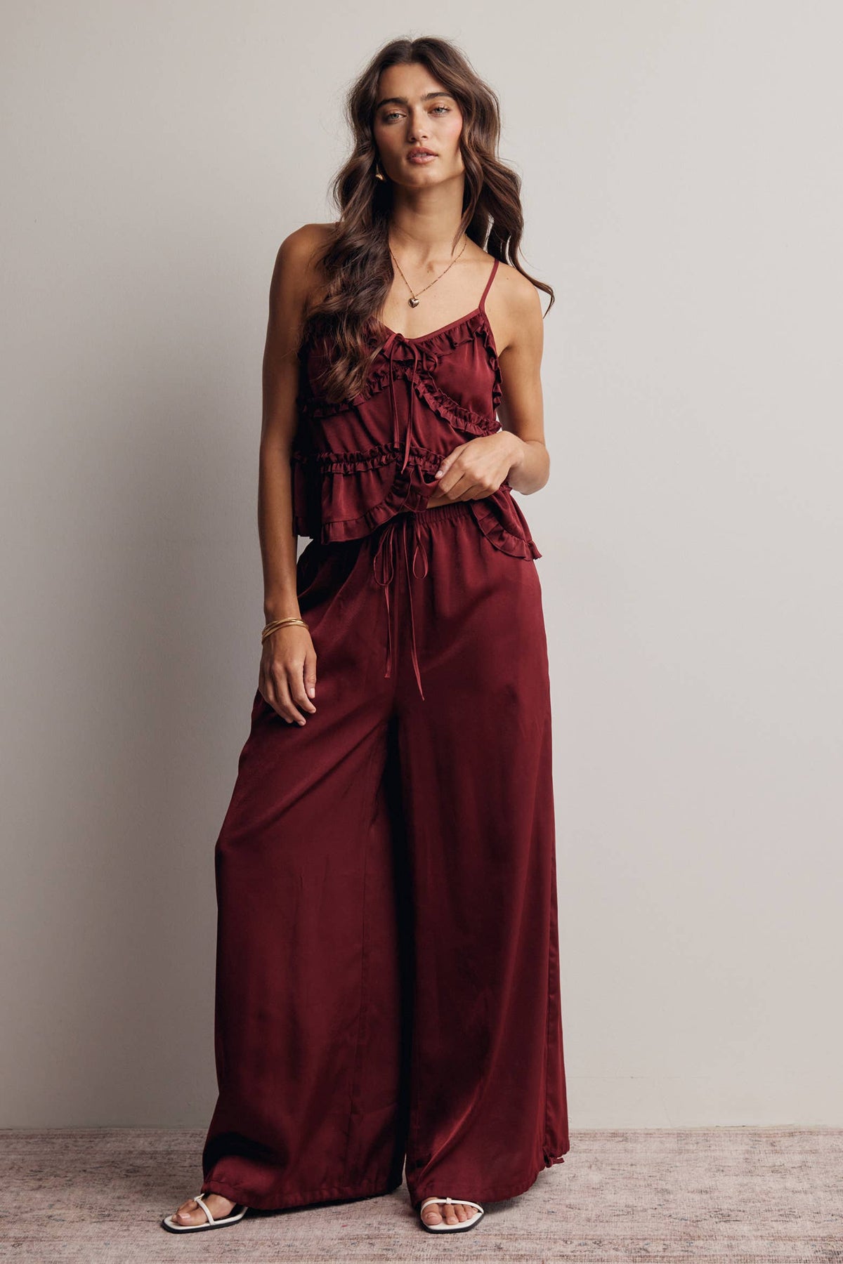Ruffle Holiday Trim Tie Front Cami Top