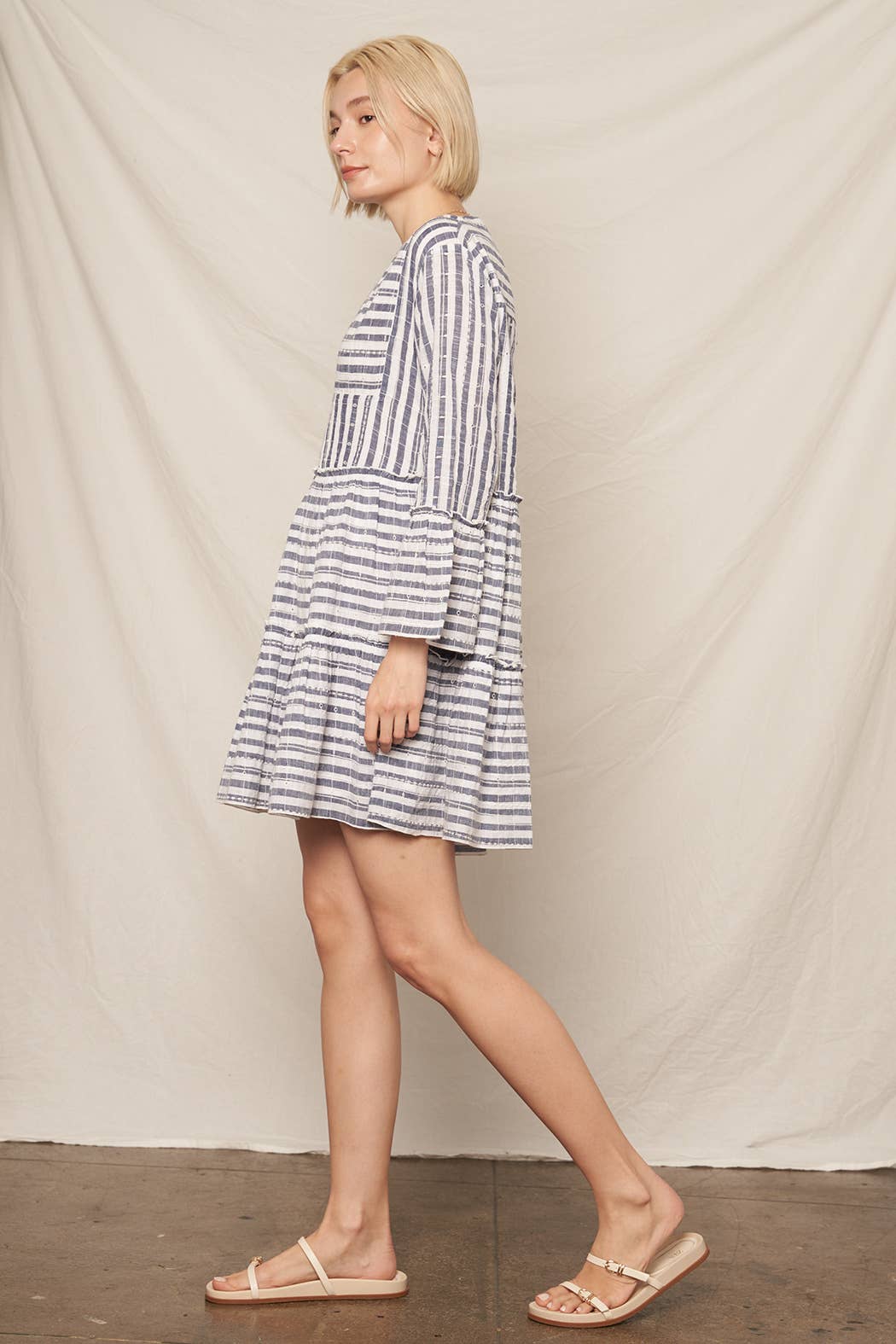 3/4 Sleeve V-Neck Striped Tiered Mini Dress