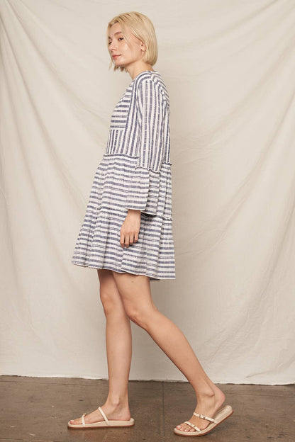 3/4 Sleeve V-Neck Striped Tiered Mini Dress