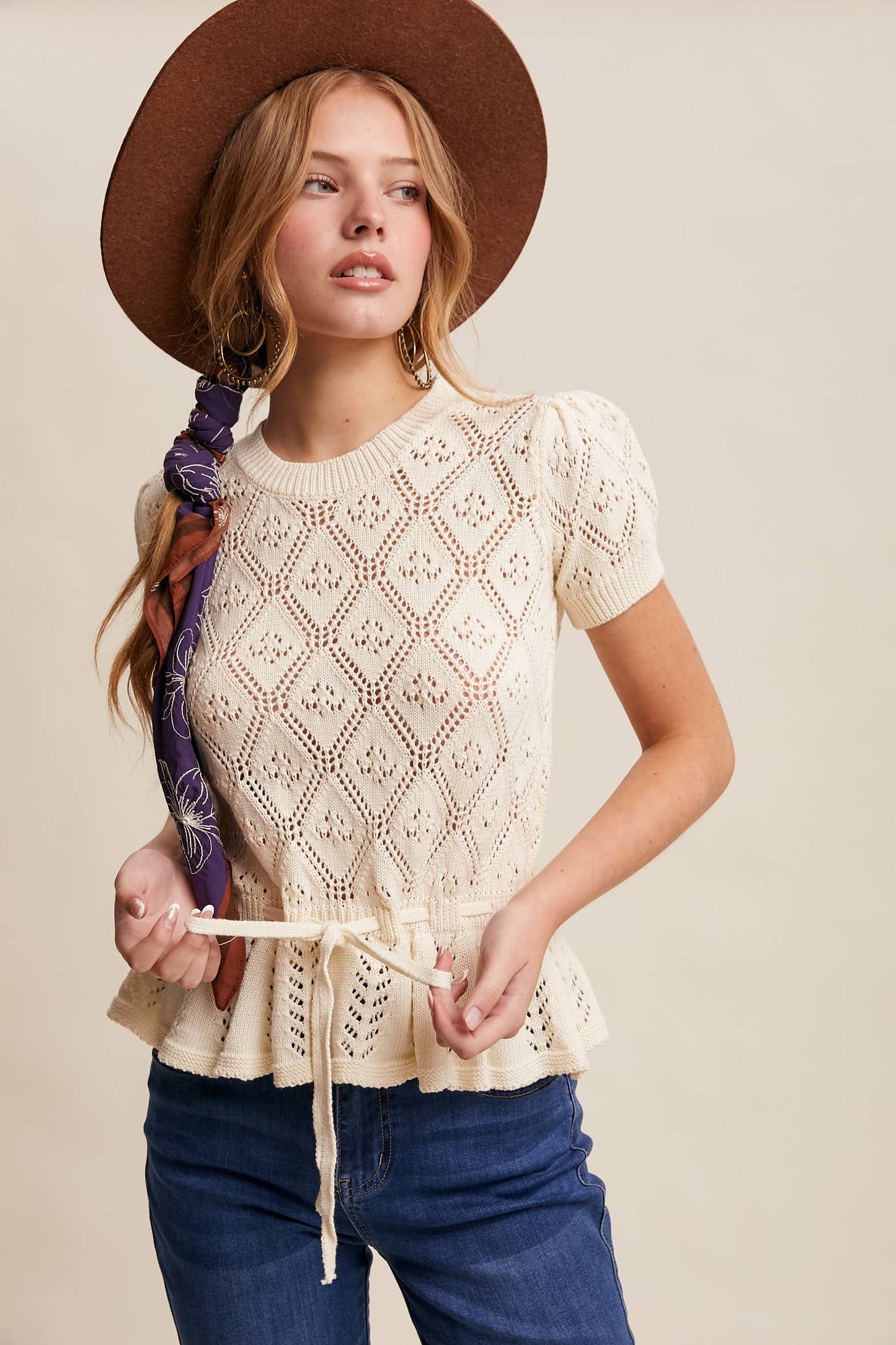 Pointelle Knit Peplum Sweet Belted Top