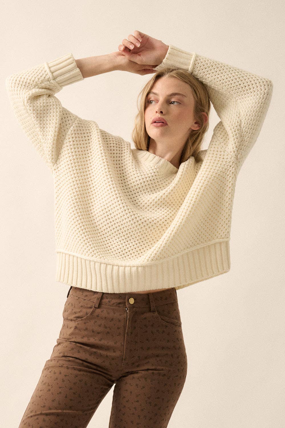 Solid Round-Neck Crochet-Knit Sweater