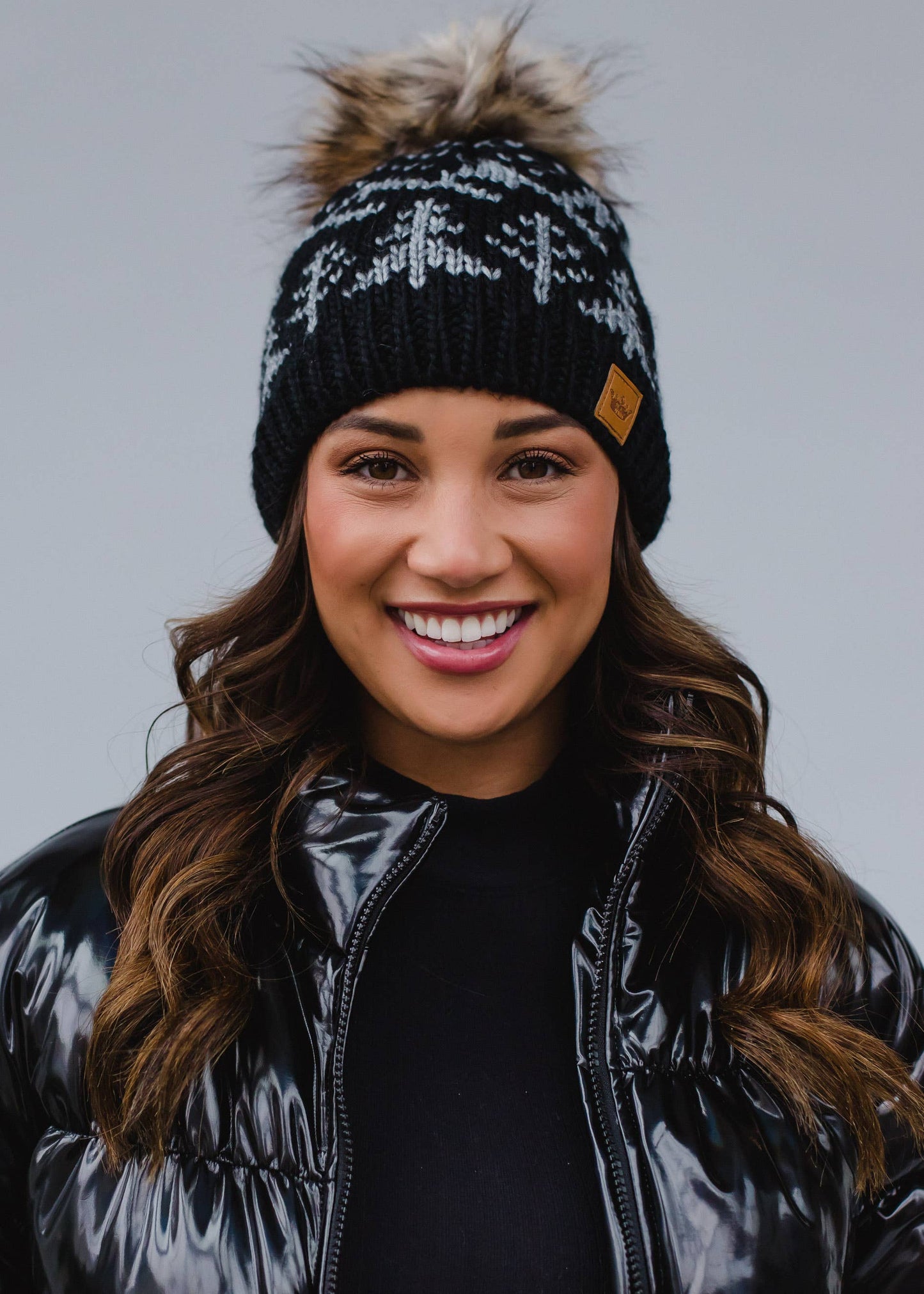 Black w/ Grey Winter Pattern Pom Hat