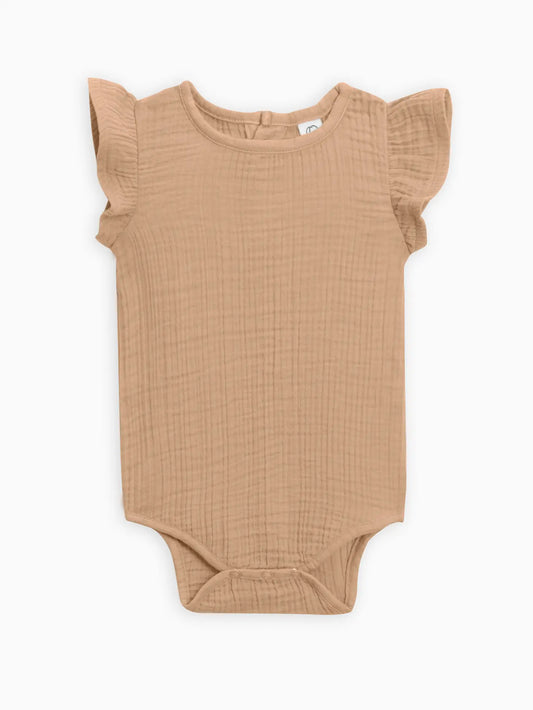 Elin Muslin Flutter Sleeve Bodysuit - Tan